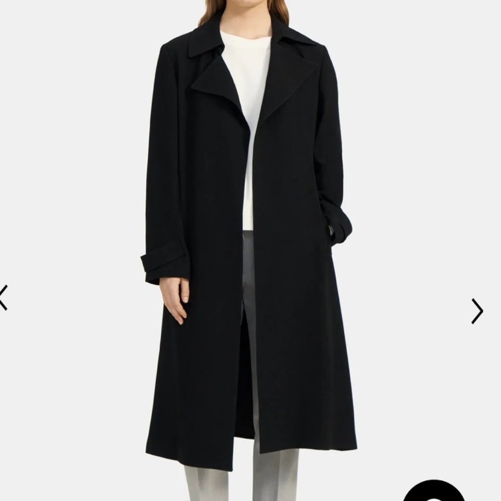 Theory lightweight black crepe trench. Belt tie. Lightly lined. EUC